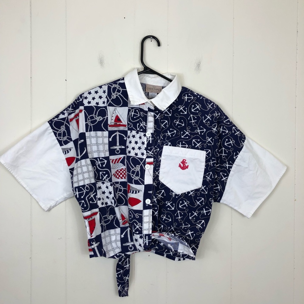 Vintage Nautical Print Button Down Crop Top‎ Sz L